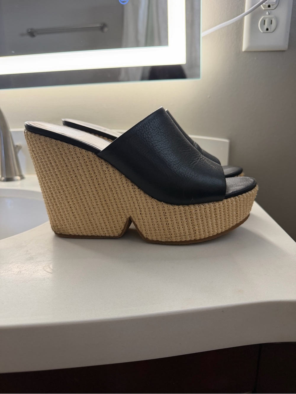 Dolce Vita Black Leather Slide Wedges with Raffia-Textured Platform